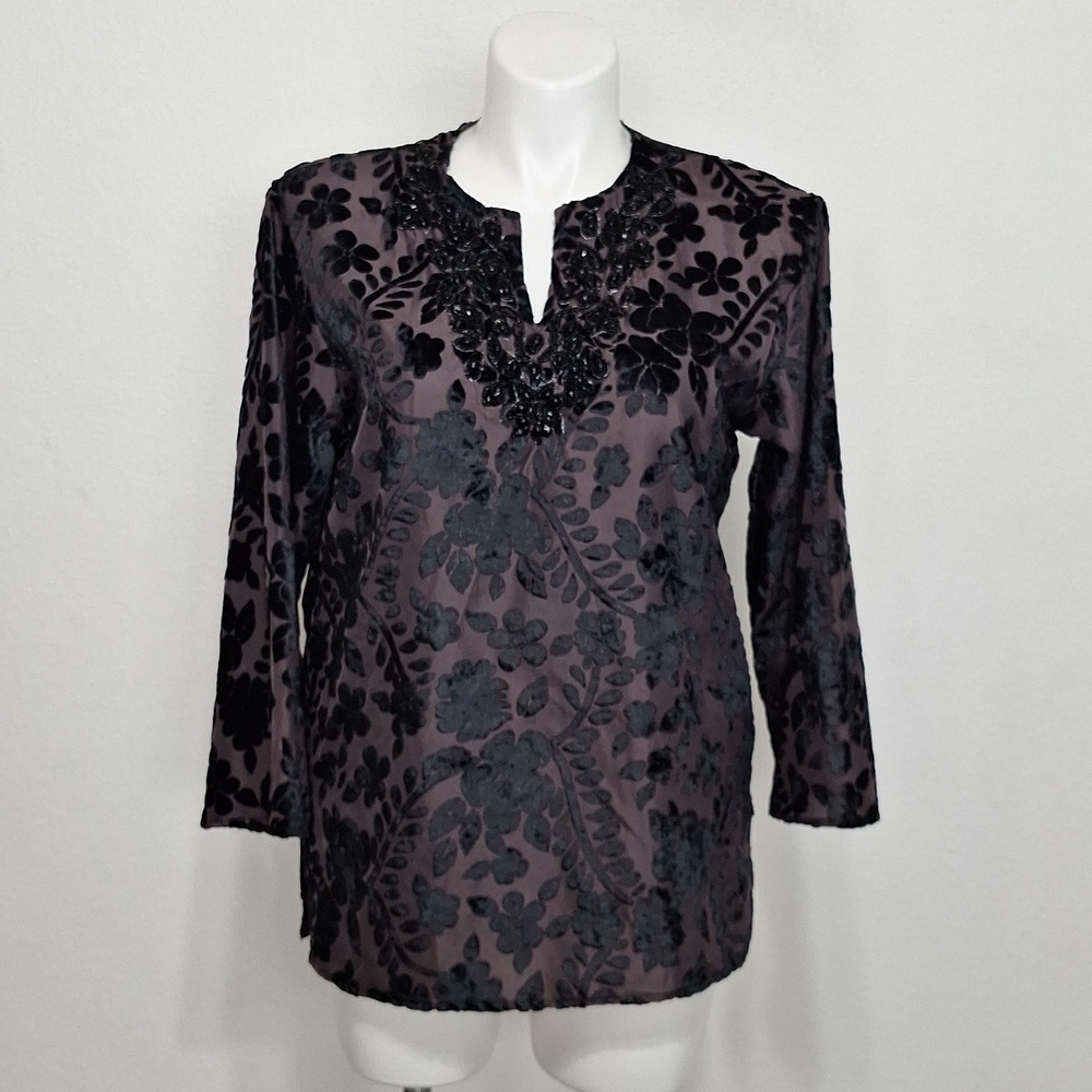 Black Purple Whimsigoth Burnout Velvet Beaded Romantic Dark Fairy Tunic Top S/M